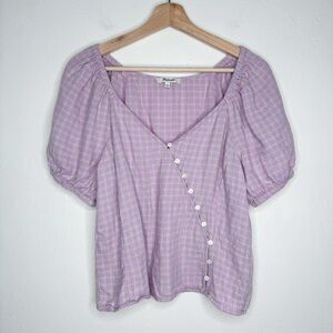 Madewell Linen Blend Puff Sleeve Button Wrap Top Gray Purple Plaid Size M EUC